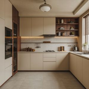 <span class=keywords><strong>Cuisine</strong></span> moderne minimaliste de luxe CBMmart avec éclairage chaleureux, armoires de <span class=keywords><strong>cuisine</strong></span> couleur beige, panneaux de <span class=keywords><strong>porte</strong></span> laqués, plan de travail en pierre frittée - Product Image 2