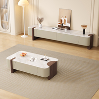 Ensemble de meubles de salon et chambre à coucher de style européen moderne, table basse et meuble TV en bois avec plateau en marbre, beige, console au sol