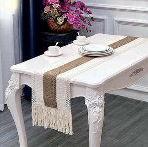 Runner da tavolo in macramè caldo Runner da tavolo in tela naturale in stile rustico con nappe Runner da tavolo da pranzo Boho in <span class=keywords><strong>pizzo</strong></span> di cotone - Product Image 1