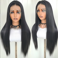 Perruque synthétique Lace Front 13*4 droite réglable, mi-longue, noire, en fibres mélangées haute température, avec devant noué à la main, aspect naturel