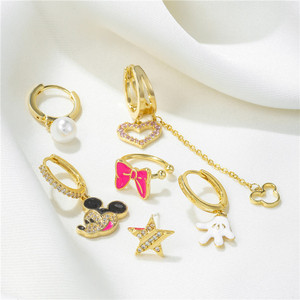 सपा प्यारा लड़की फैशन गुलाबी तामचीनी माउस कान की बाली सेट 18K सोना मढ़वाया जिक्रोन दिल लंबी लटकन कान की बाली सेट - Product Image 5