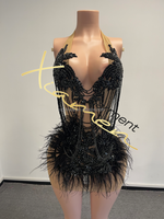 Robe Courte Sexy Noire à Col Halter en Plumes et Strass Transparents pour Femme – Idéale pour Soirées et Anniversaires