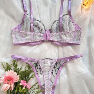 Wholesale Floral Embroidery Lingerie Set Sexy Sheer Mesh Underwire Bra and Thong Panties Set 2 Piece Elegant Lace <b>Underwear</b> Set - Product Image 3