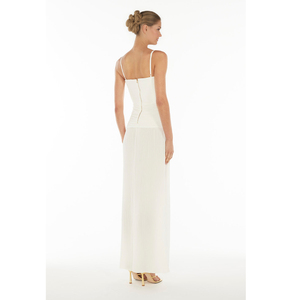Vestido largo de noche elegante con tirantes finos, corsé blanco y abertura alta para mujer - Product Image 3