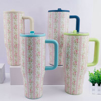 3D bunga baja tahan karat vakum terisolasi 40 OZ Tumbler dengan pegangan dinding ganda cangkir kopi 40 oz sederhana Flip sedotan Mug termal