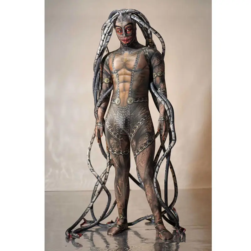 Serin erkekler Medusa siyam bodysuit sahne gösterisi podyum modeli cadılar bayramı partisi olay baskı alien yılan kostümleri cosplay parti elbise