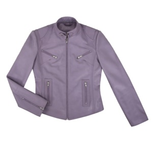 Chaqueta de Mujer Personalizada 100% Cuero Genuino Nappa con Costuras en Contraste Lavanda, Costuras Negras y Naranjas, Herrajes YKK, Venta al por Mayor OEM, Moderna - Product Image 1