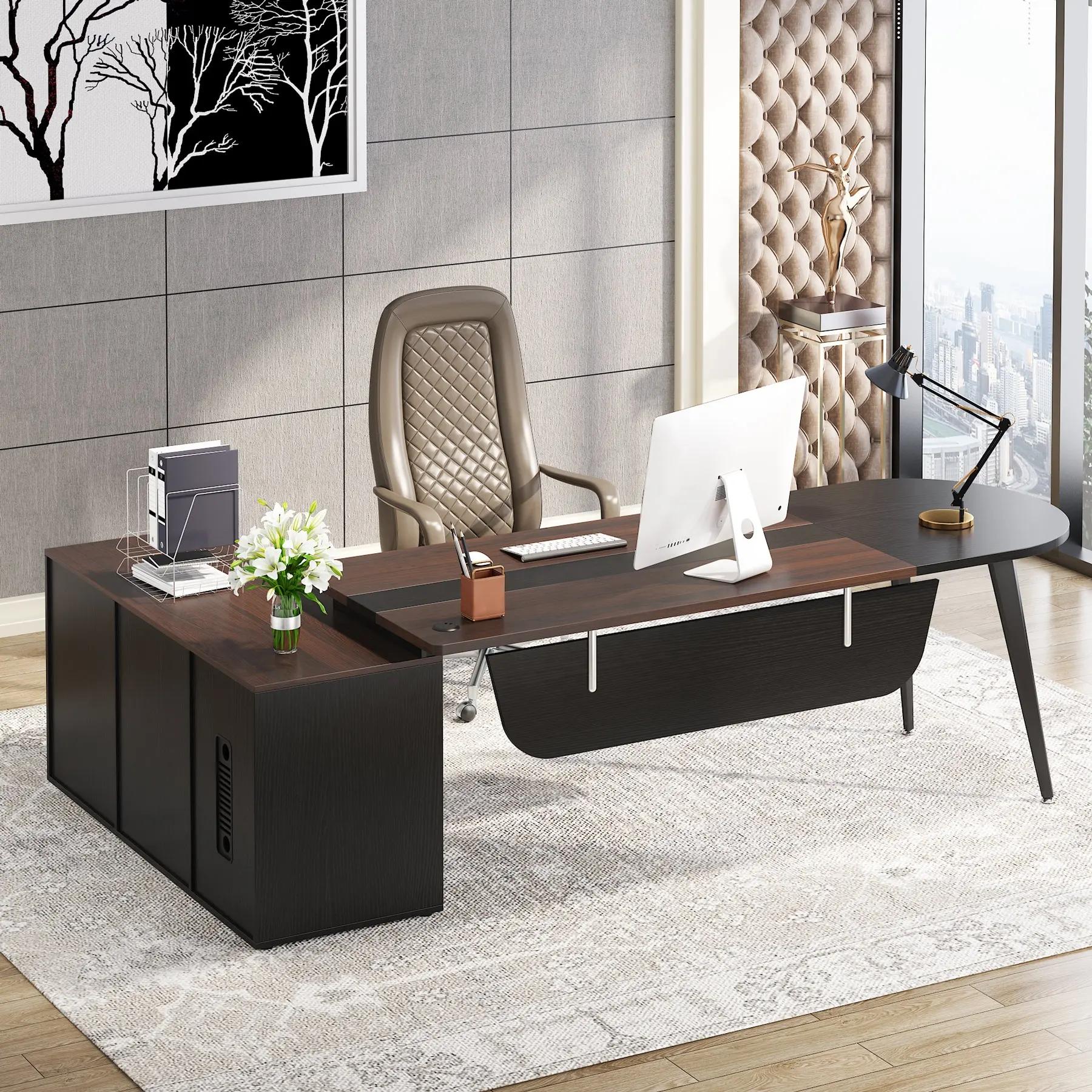 Tribeigns meja eksekutif 70.9 inci dengan 47 lemari berkas Modern rumah meja kantor Workstation Set furnitur bisnis Walnut gelap