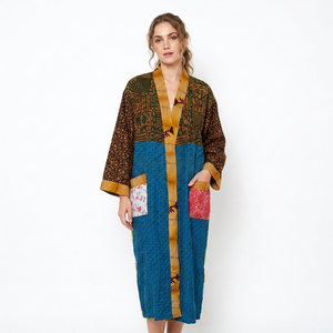 Beautiful Vintage Women's Full-Length Silk Kimono Patchwork Bathrobe Shower Robe Belt Recycled Indian Silk Sari for Sleepwear - Product Image 1