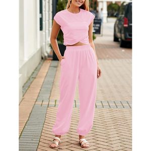 Custom Women's Two Piece Outfit <b>Crop</b> <b>Top</b> And Joggers Set Casual Lounge Wear With Pockets Solid Color Short Sleeve Crew Neck - Product Image 2