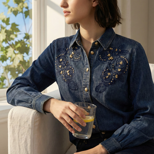 <span class=keywords><strong>Camicia</strong></span> in Denim Vintage Stile Western 2026 con Ricami Floreali, Maniche Lunghe e Bottoni Dorati per <span class=keywords><strong>Donna</strong></span> - Product Image 6