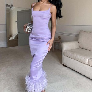 High Quality Elegant slip Lavender <strong>Dresses</strong> With Feathers Evening Party 2022 <strong>Wrap</strong> <strong>Silk</strong> Sexy <strong>Dresses</strong> Women - Product Image 4