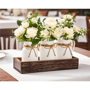 <strong>Rustic</strong> <strong>Wedding</strong> Mason Jar <strong>Centerpiece</strong> with LED Lights for Farmhouse Decor, Handmade Tray with Silk Flowers F-UA06 - Product Image 3