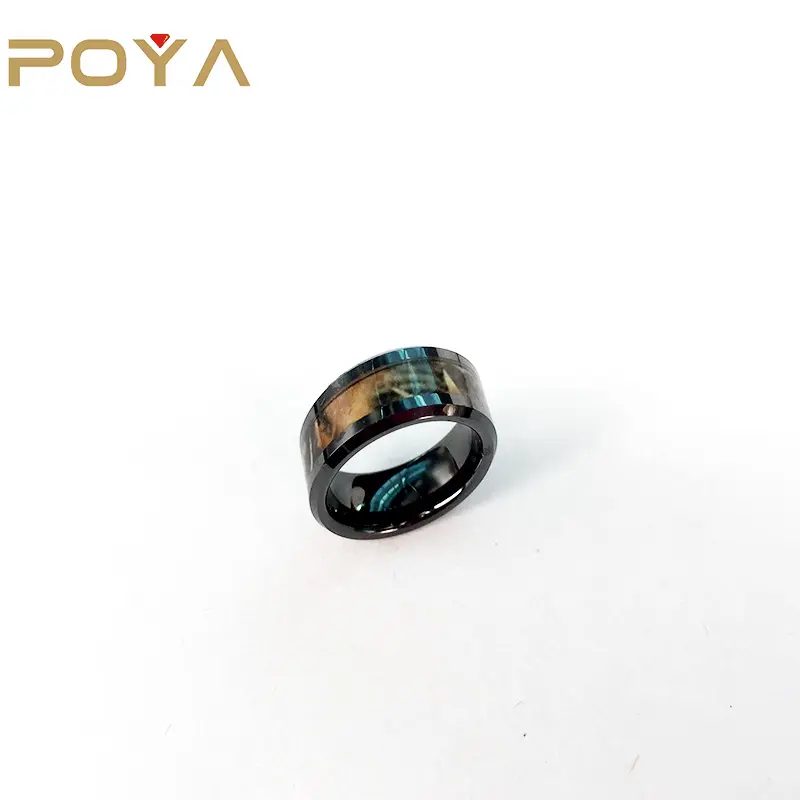 POYA 8mm Black Ceramic Inlaid Military Camouflage Comfort Fit Wedding Ring