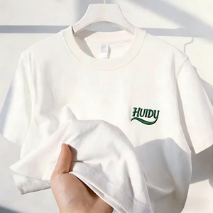 HUIDU卸売カスタム刺繍ロゴ240g 100%コットンホワイトTシャツドロップショルダー無地オーバーサイズメンズTシャツ - Product Image 1