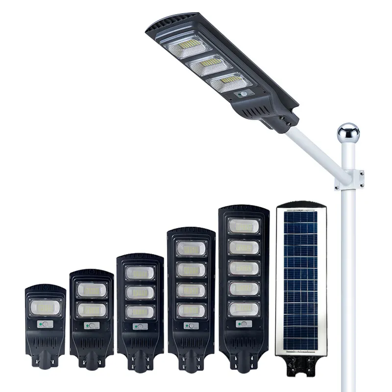 Jiewei 50W 100W 150W 200W 250W Todo en uno Lámpara LED impermeable integrada para jardín al aire libre con panel solar Farola solar