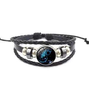 E1064 Đàn Ông Phụ Nữ Hip Hop 12 Chòm Sao Handmade Rhinestone Dệt Bracelet Bangle Charm Hợp Kim Weave Leather Bracelet