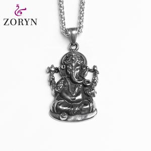 Colliers pendentifs en acier inoxydable Ganesh, le dieu éléphant, bijoux de mode religieux hindou gothique punk vintage en acier titane pour hommes - Product Image 1