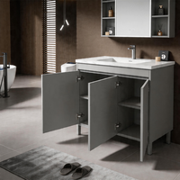 Meuble-lavabo mural pour salle de bain avec pieds métalliques surélevés, support robuste, design flottant, nettoyage facile, armoire avec miroir et rangement