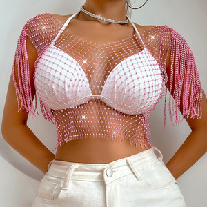 Factory Wholesale Women Fishnet Rhinestone Crop <strong>Top</strong> Sexy Mesh High Elastic Shirt <strong>Net</strong> See Through Rave <strong>Top</strong> - Product Image 4