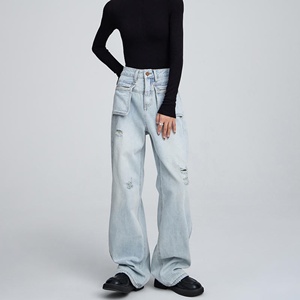 <span class=keywords><strong>Pantalones</strong></span> Vaqueros Azules Holgados de Cintura Alta para <span class=keywords><strong>Mujer</strong></span>, con Logotipo Personalizado, al por Mayor, Casuales, a la Moda, de Alta Calidad, con Parches - Product Image 2
