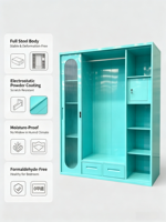 Armoire de chambre à coucher moderne en métal avec portes miroir, étagères et tiroirs