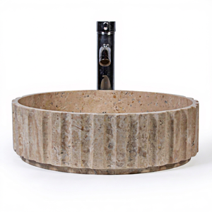 Élégant lavabo de salle de bain en travertin beige en forme de fleur, extérieur rainuré, forme circulaire, décor intemporel, matériau en marbre, fabriqué en Malaisie - Product Image 1