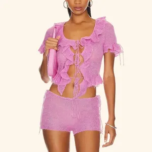 Custom Knitwear Cardigan Top With Crochet Flower Knitted Pink Mesh Kid Mohair Wool Crop Top 2 Piece Sweater Shorts Sets