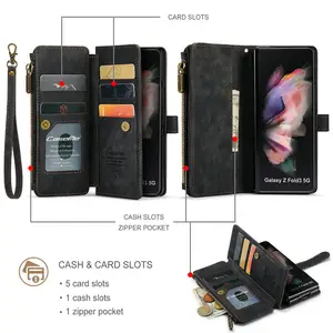 غلاف هواتف بتصميم عتيق ماركة-CaseMe, غلاف هواتف بتصميم عتيق 3 في 1 لهواتف سامسونغ Z fold 3 ، مع حامل ، مزود بجيب بسحاب متين ، مناسب لهواتف سامسونغ Z fold 3 4