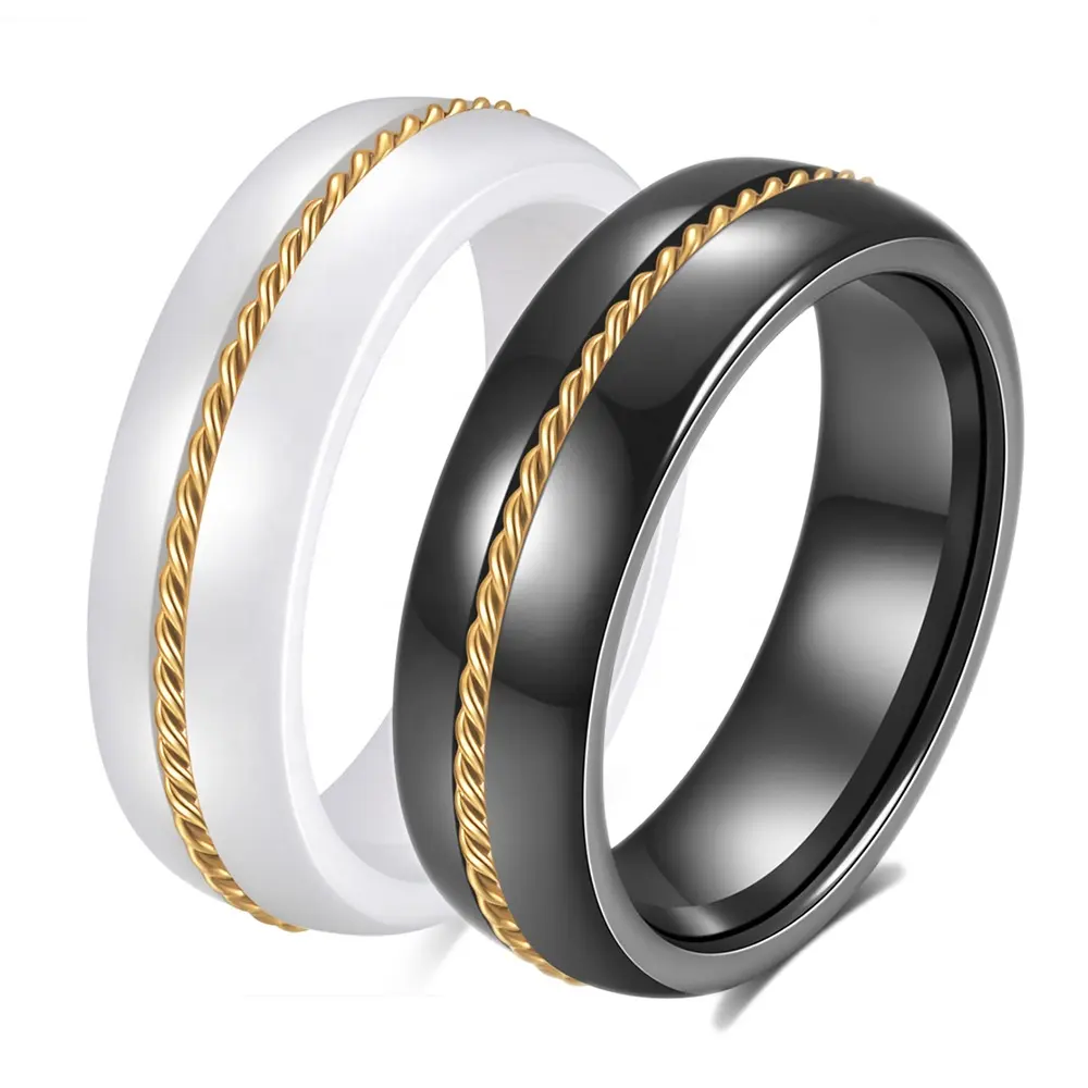 Hot Sale Creative 6mm Ceramic Rings Gold Chain Threaded Rope Design Black White For Women Men Jewelry Ceramic Rings