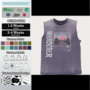 Camiseta <span class=keywords><strong>sin</strong></span> Mangas OEM con Lavado Ácido, Camisetas de Hombre <span class=keywords><strong>sin</strong></span> Mangas de Algodón, Tallas Grandes, Regatas - Product Image 1