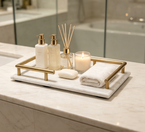 Plateau de service <span class=keywords><strong>d</strong></span>écoratif en marbre naturel de luxe sur mesure avec poignées en forme de L pour aliments, parfums et thé - Product Image 1