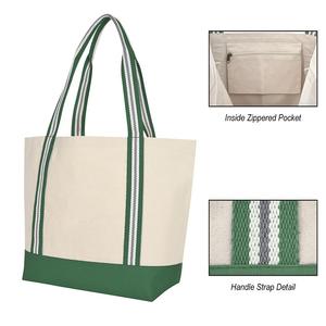 Sac de shopping en coton bicolore avec poche zippée, poignées rayées, sac fourre-tout écologique - Product Image 3