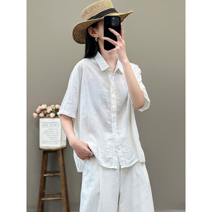 Women's Linen Shirt Green Five Quarter Sleeve Button Down Commuting Top - Product Image 3