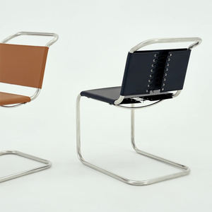 Chaise de salle à manger simple en cuir de selle moderne en acier inoxydable sans accoudoirs salon restaurant loisirs chaise de bureau en cuir en métal - Product Image 2