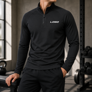 T-shirt de performance à manches longues et col zippé noir pour homme avec logo personnalisé, séchage rapide, couleur unie, logo frontal, haut de sport - Product Image 2
