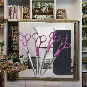 Tijeras de peluquería para mascotas de 7.0 pulgadas, de cuero, con dientes de colores, 4 unidades, juego recto con protección de cuchillas para animales pequeños - Product Image 3
