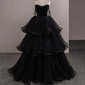 Fashion Tiered Black Tulle Ball Gown Evening Dresses Sexy Strapless Simple <b>Robe</b> De Custom Made Sfy50 - Product Image 2