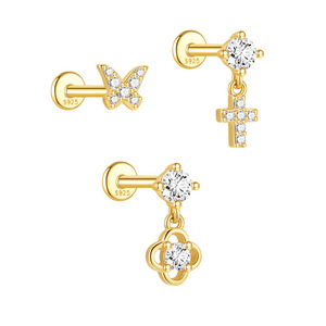 Boucle d'oreille piercing barbell à dos plat en Or 18K et Argent Sterling S925, avec motifs Papillon, Gland, Croix, Trèfle, Floral et Zircone Cubique - Product Image 1