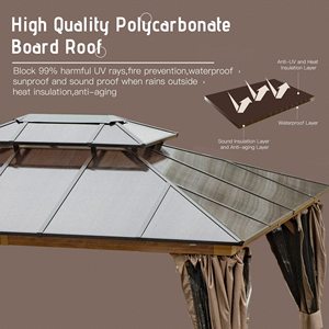Gazebo de techo rígido Marco de aluminio Policarbonato Techo doble Cubierta de madera para patio Dosel para césped Metal permanente para exteriores - Product Image 4