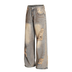 Nouveau Jean Droit en Denim pour Homme ZY, Style Rétro Hip Hop, Logo Personnalisé, Coton Tissé, Délavé Moyen, Design Usé et <span class=keywords><strong>Troué</strong></span> - Product Image 2