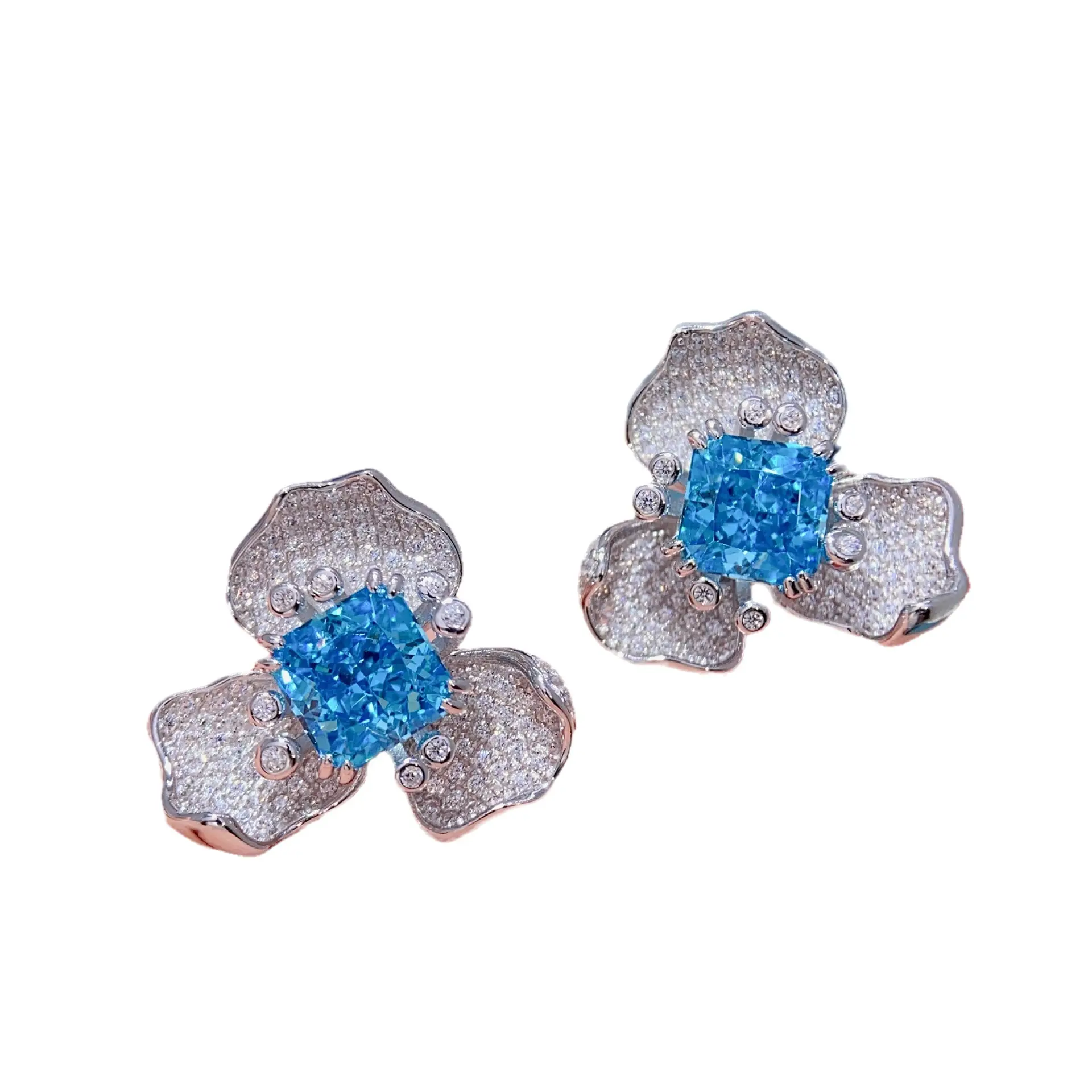 Pendientes de tuerca de pétalos de zafiro azul marino con incrustaciones de plata 925 para mujer, pendientes de temperamento de lujo con luz de diamante de alto carbono de 2 quilates