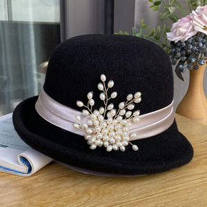 Fufan temperamento elegante pérola rolou pequena cartola para as mulheres quente grosso outono/inverno malha Pescador ba