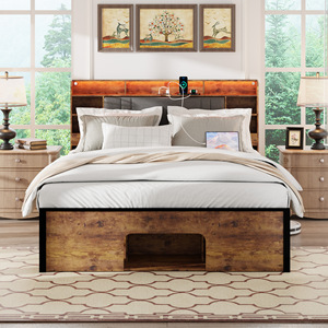 Lit à panneaux avec tête de lit de rangement rembourrée, disponible en tailles Twin, Full, Queen, King, marron, lit avec sommier haut - Product Image 1