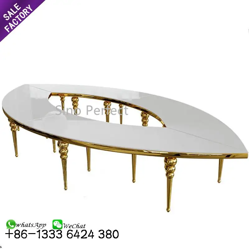 Table triangulaire en acier inoxydable, ensemble de luxe avec 6 chaises, blanc et or, pour dîner et mariage