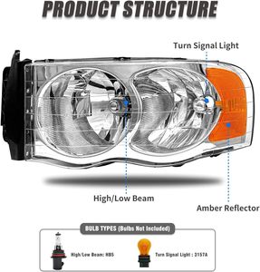 Conjunto de Faros Delanteros Compatibles con Dodge Ram 1500 2002-2005/Ram 2500 3500 2003-2005, Carcasa Cromada, Repuesto de Faros Izquierdo y Derecho - Product Image 3