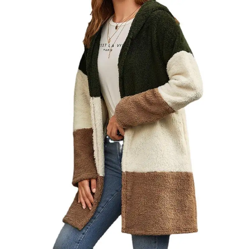 Fashion color matching long sleeve cardigan coat 2022 winter new women's hooded long coat women