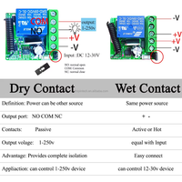 Module récepteur de relais sans fil RF 433 MHz DC 12V 24V 30V à 1 canal avec contact sec et contact humide