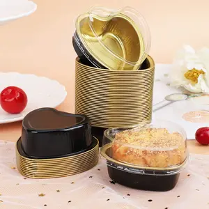 Food Grade Valentine's Day Custom Heavy Duty 670ml Gold Mini Loaf Pans Heart Shape Aluminum Foil Cake Pans With Lids