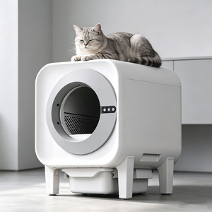 Litière autonettoyante best-seller pour chat, bicolore blanc-gris, impression personnalisée possible - Product Image 1